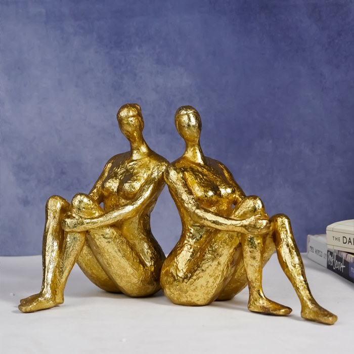 Gold Abstract Bookend Sculptures - Unique Sitting Figures Design