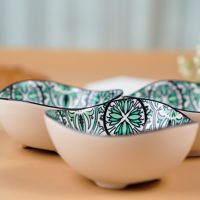 Green & White Fern Square Ceramic Bowls Set of 3