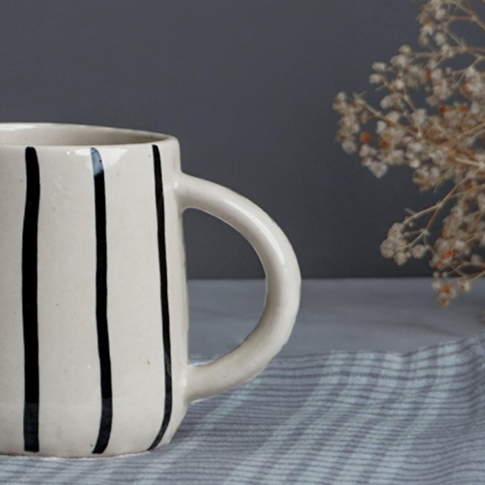 Cream Ceramic Mug with Black Stripes