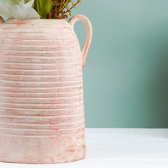 Terracotta Ribbed Handled Vase in Blush Pink