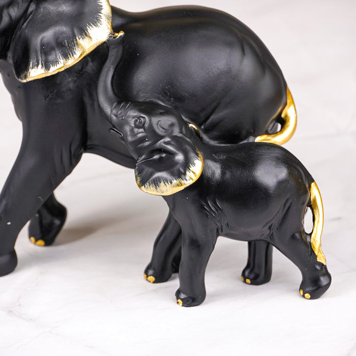 Black Elephant Figurine Set with Gold Accents