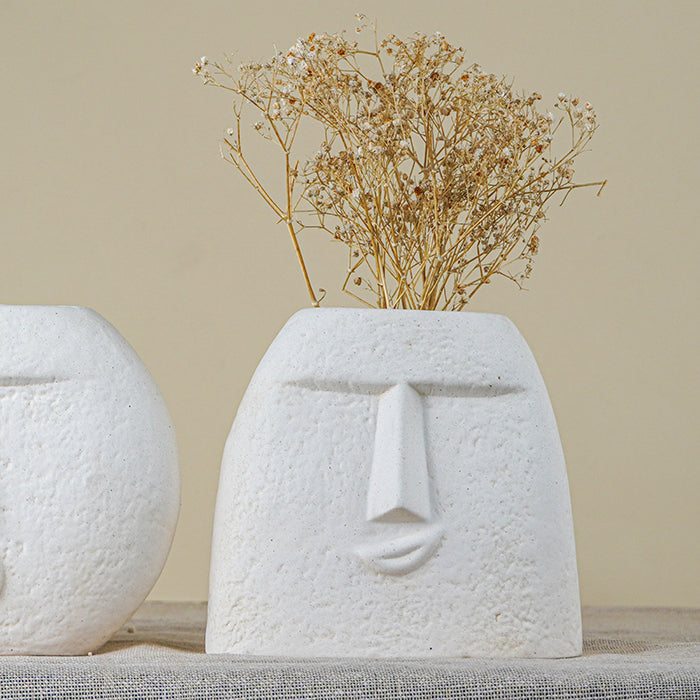 Textured Beige Abstract Face Planter Duo