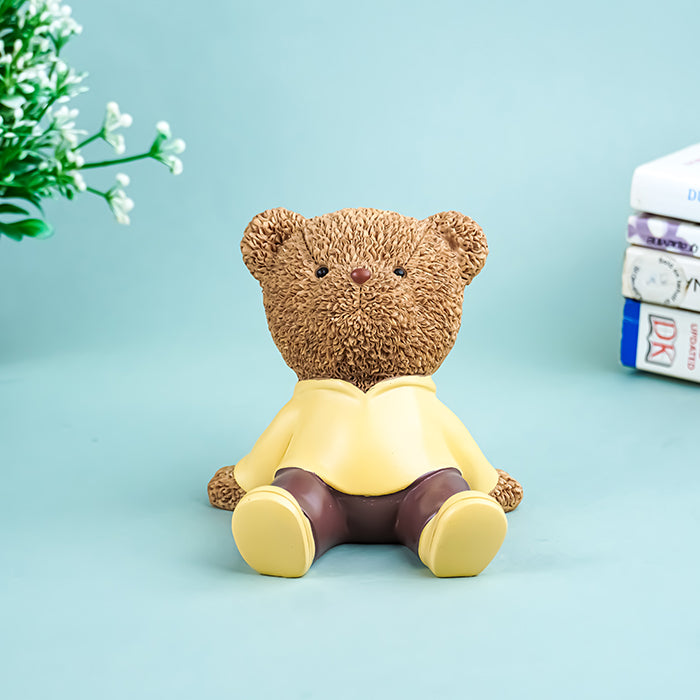 Brown Teddy Bear Figurine in Yellow Hoodie