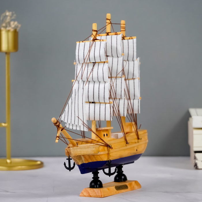 Light Wood and Blue Model Ship Sculpture