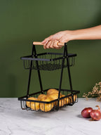 Black Two-Tier Metal Storage Basket - Kitchen Organizer with Wooden Handle