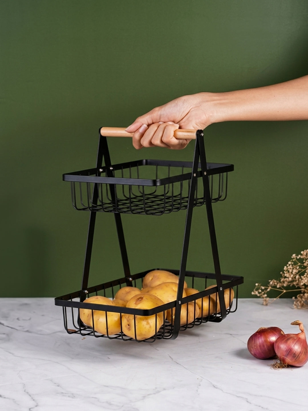 Black Two-Tier Metal Storage Basket - Kitchen Organizer with Wooden Handle