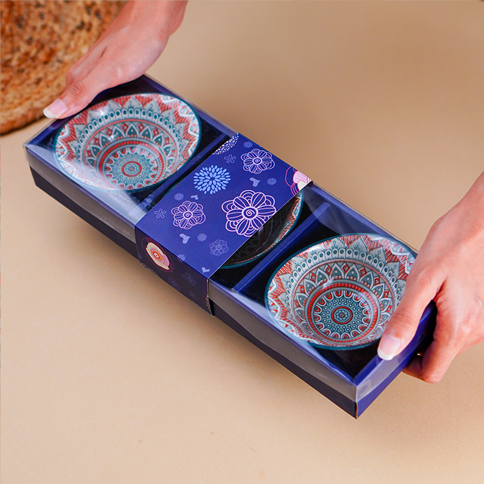 Tribal-Inspired Ceramic Bowls in Blue and Orange