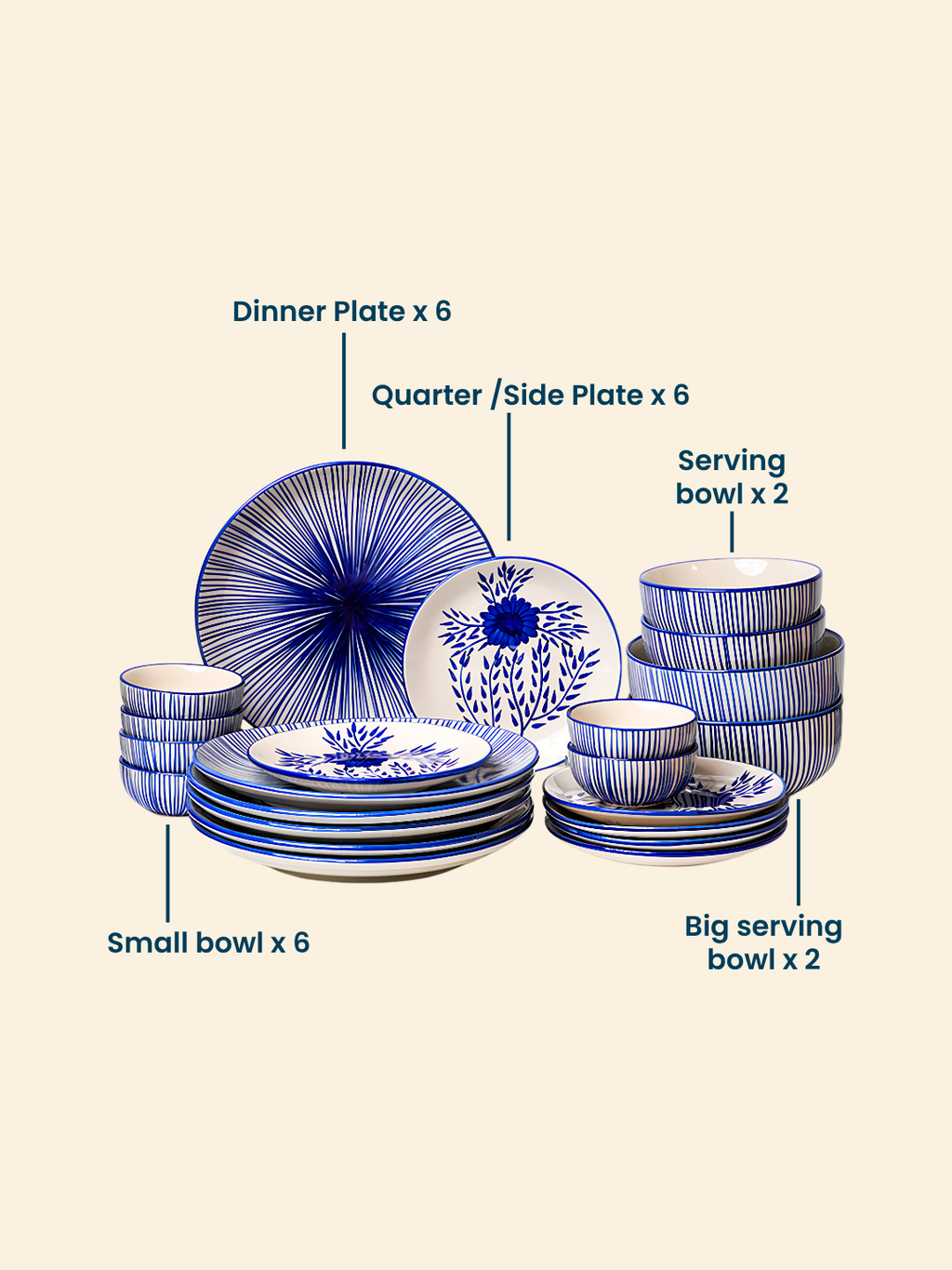 Blue Floral Hand-Painted Ceramic Dinner Set of 22