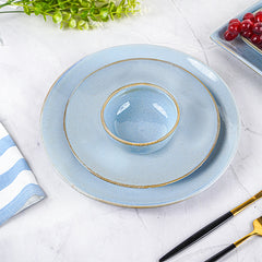 Light Blue Ceramic Dinner Set with Rustic Gold Rim Finish - Set of 21