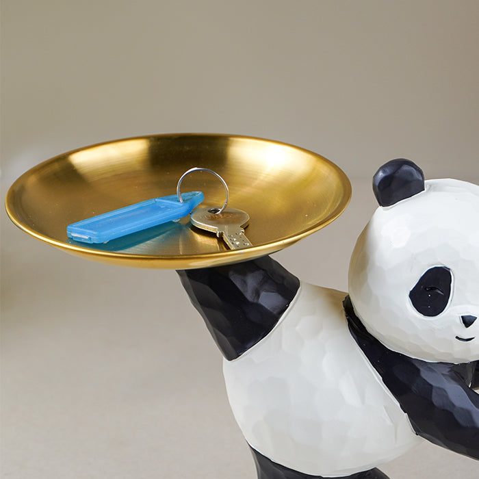 Black and White Panda Figurine with Gold Tray Holder