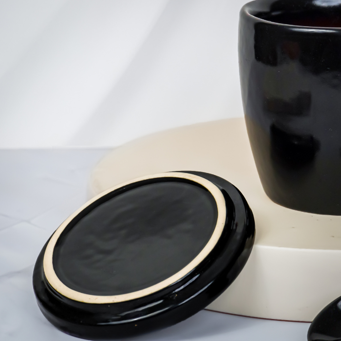 Black Ceramic Mug Set with Lid and Spoon