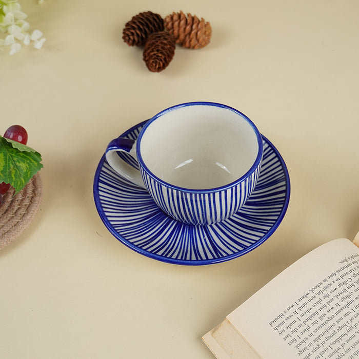 Blue and White Striped Ceramic Cup & Saucer