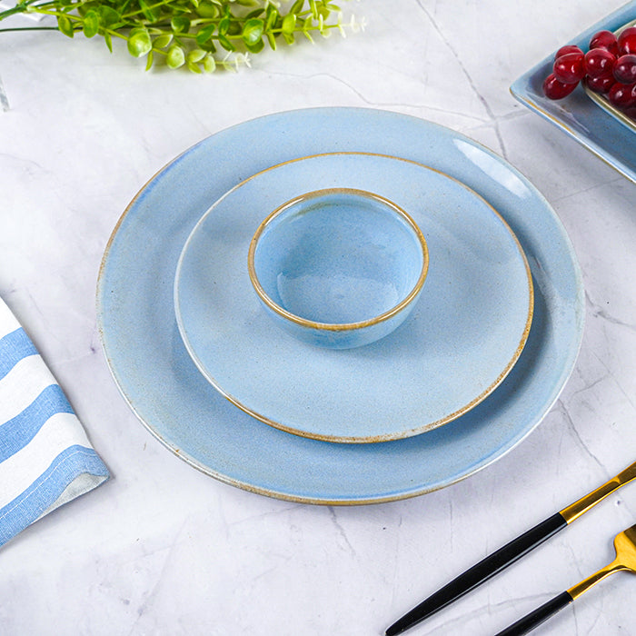 Light Blue Ceramic Dinner Set of 21 with Rustic Gold Rim Finish