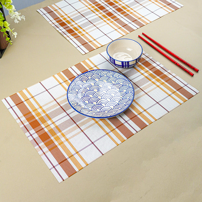 Brown & White Plaid Table Mat with Textured Weave