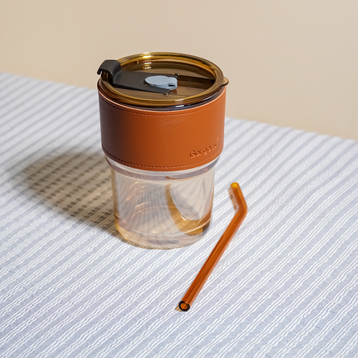 Glass Tumbler with Leather Sleeve - Orange Straw