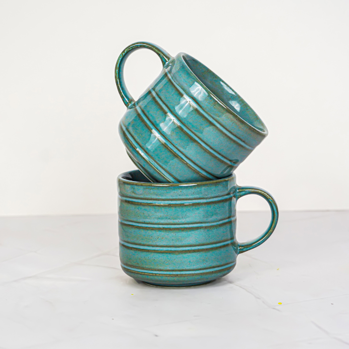 Green Ribbed Ceramic Cup and Saucer Set