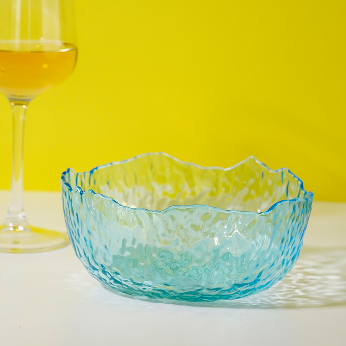 Aqua Blue Wavy Glass Bowl - Textured Sea-Inspired Serving Dish