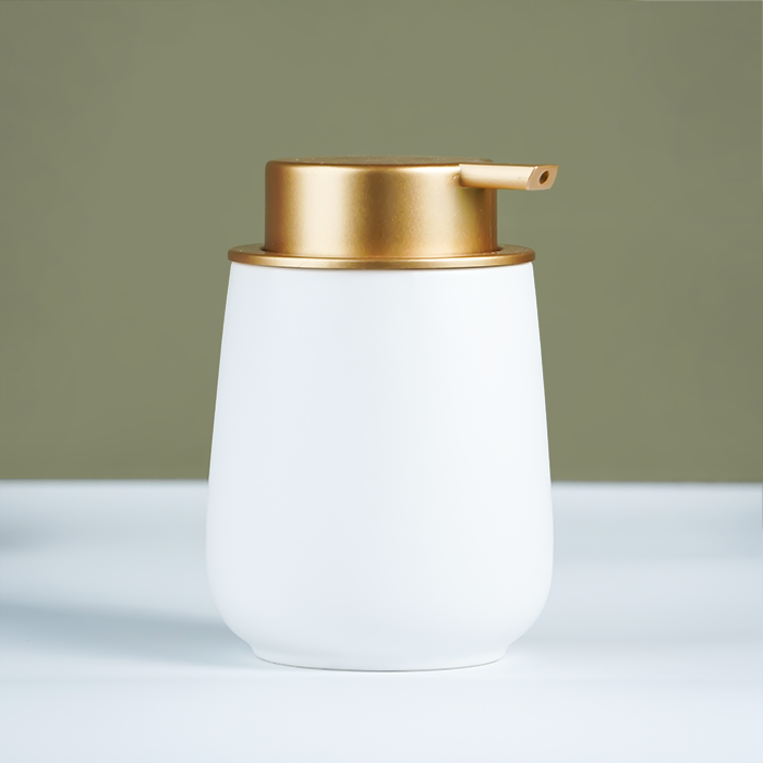 Elegant White Soap Dispenser with Gold Accents