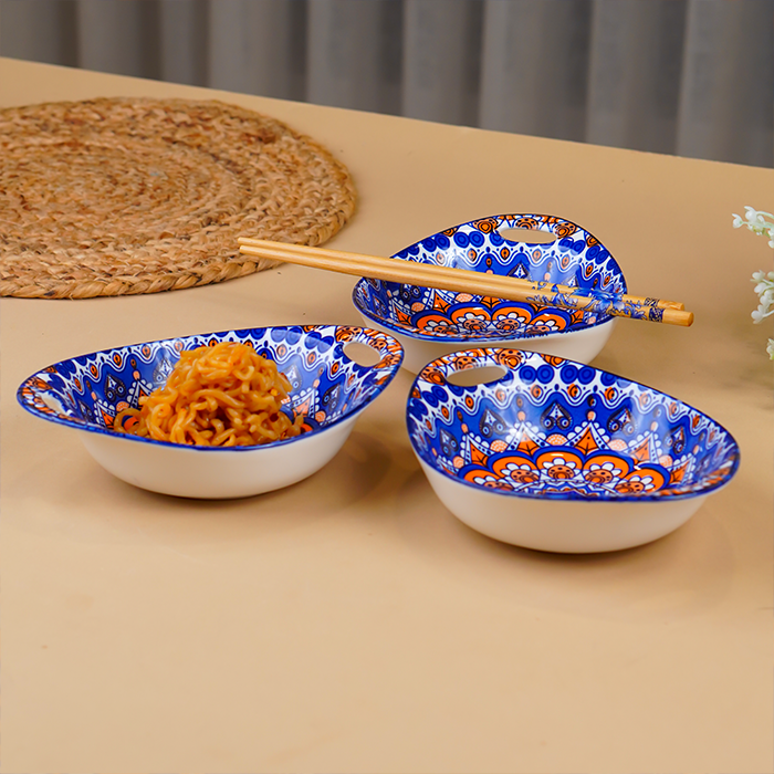 Blue & Orange Side Handles Ceramic Bowls Set of 3