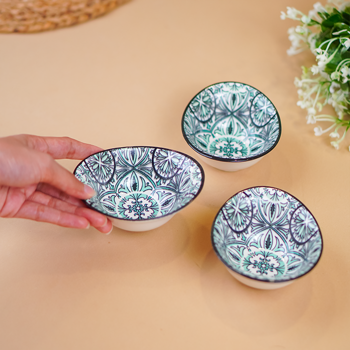 Green & White Mandala Long Ceramic Bowls Set of 3