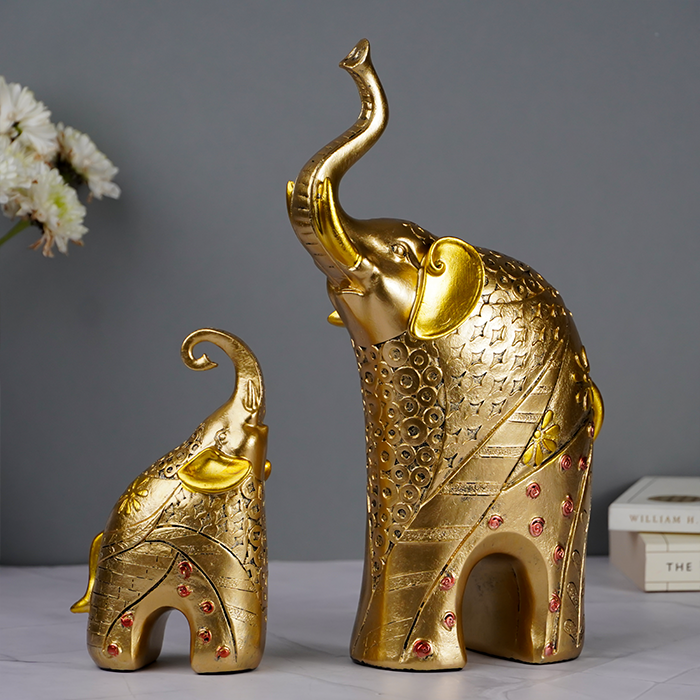 Gold Elephant Statues with Floral Accents - Set of Two