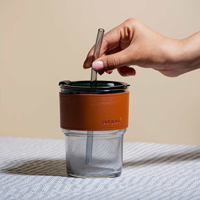 Glass Tumbler with Leather Sleeve - Black Straw