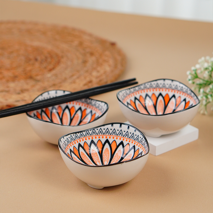 Orange & Black Ember Square Ceramic Bowls Set of 3