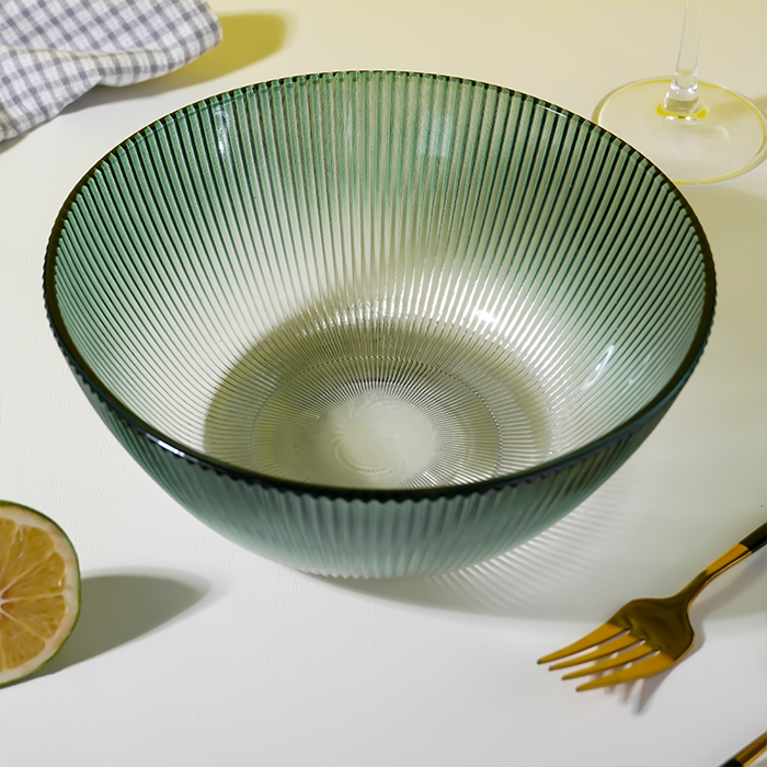 Forest Green Ribbed Glass Bowl - Ombre Gradient Serving Dish