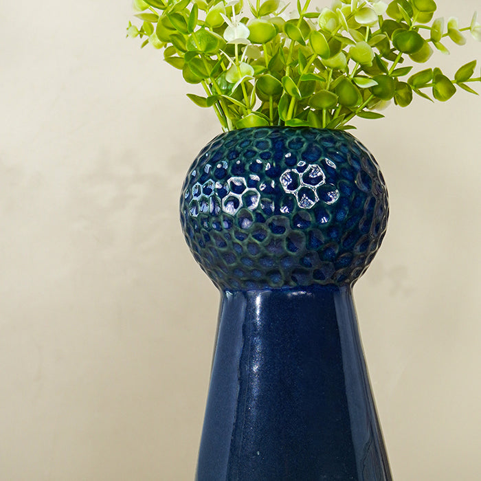 Glossy Midnight Blue Textured Vase with Tapered Base