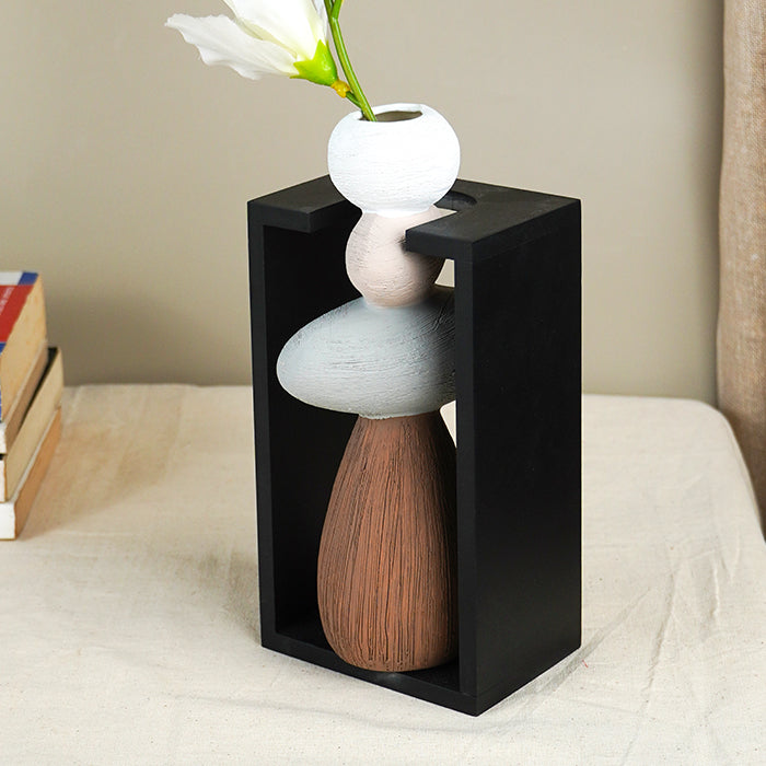 Stacked Stone Vase with Black Geometric Frame