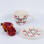 Red Heart and Grid Pattern Ceramic Cup and Saucer Set