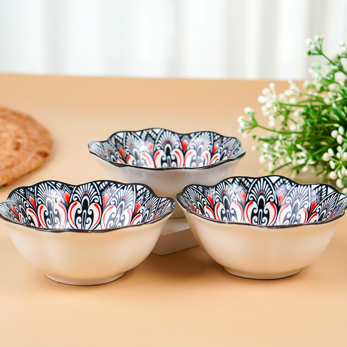 Black & White Scallop-Edge Ceramic Bowls - Set of 6