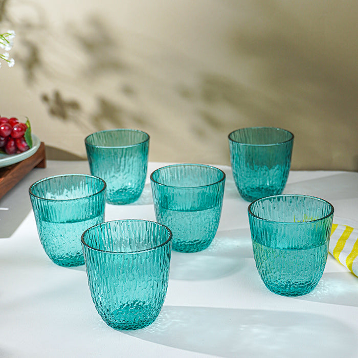 Aqua Green Textured Glasses with Rippled Design | Set of 6