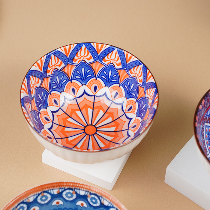 Geometric Floral Pattern Painted Ceramic Bowls Set of 4