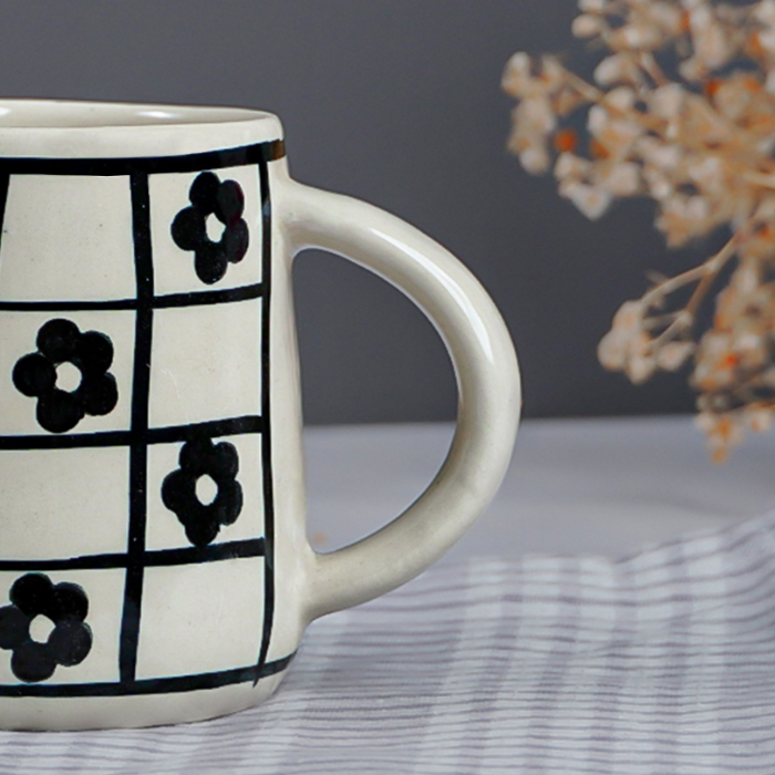 Ceramic Mug with Black Floral Design