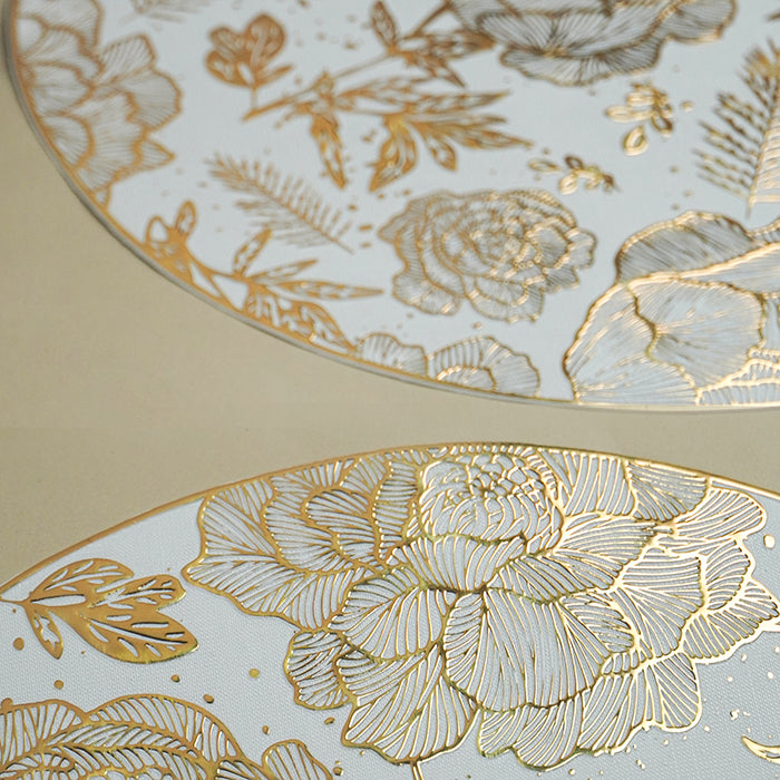 White & Gold Floral Table Mat with Botanical Illustration