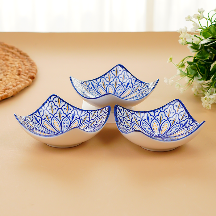 Blue & Yellow Petal-Design Square Ceramic Bowls Set of 3