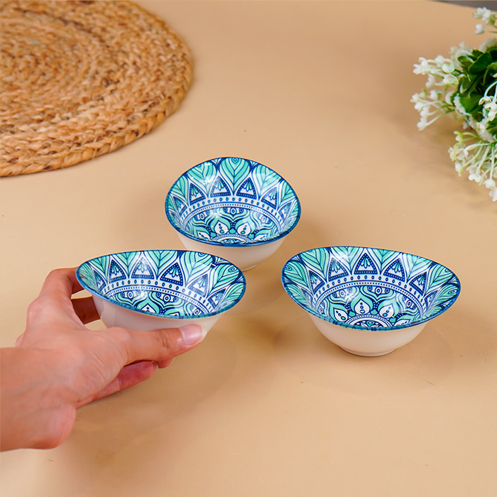 Blue & Teal Lotus Long Ceramic Bowls Set of 3