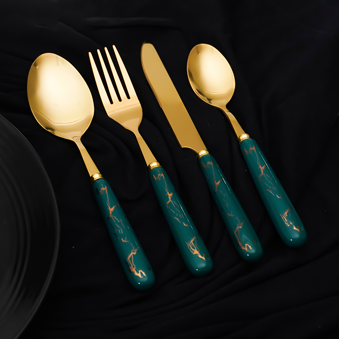 Teal and Gold Stainless Steel Cutlery Set of 24