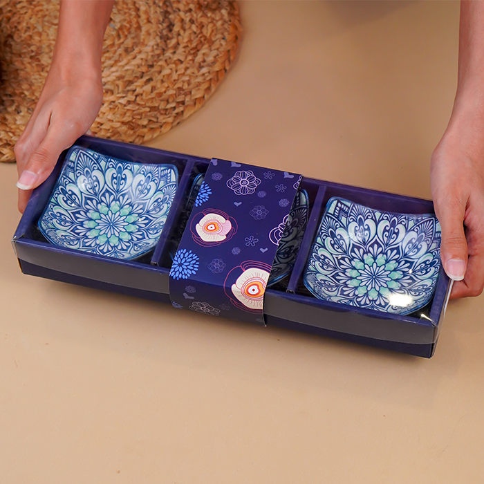 Blue & White Floral Square Ceramic Bowls Set of 3