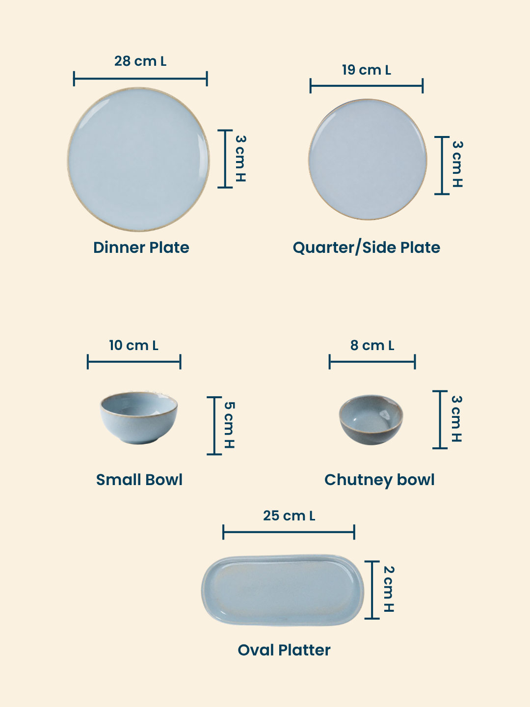 Light Blue Ceramic Dinner Set with Rustic Gold Rim Finish - Set of 20