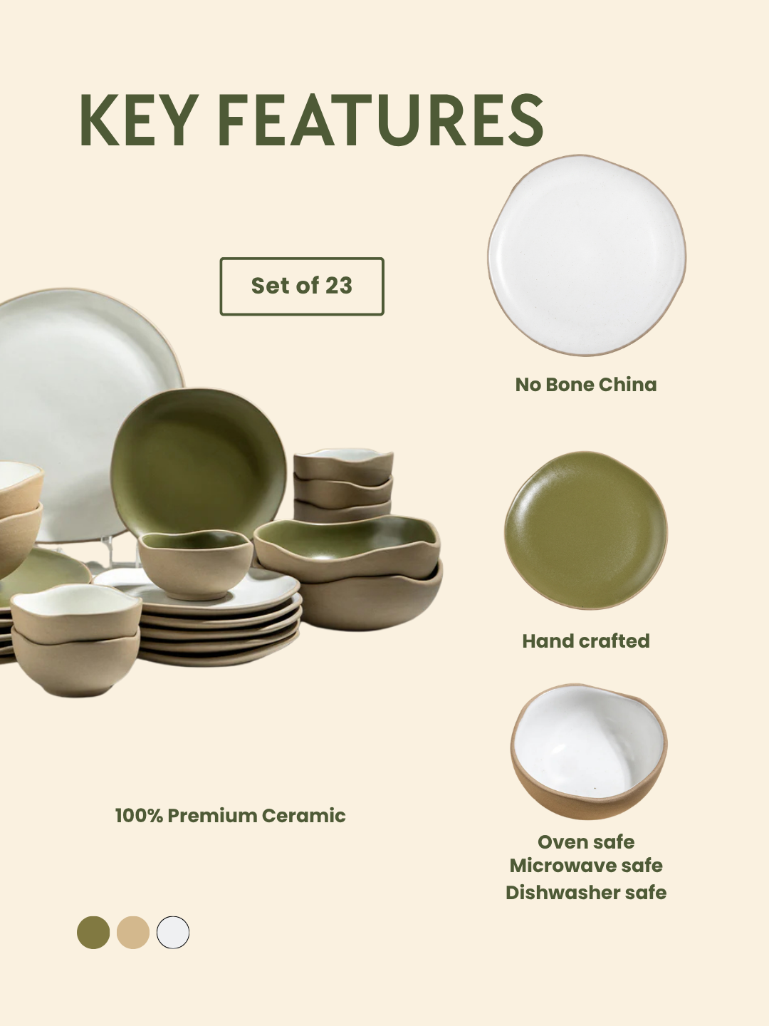 Olive Green & Beige Mix Ceramic Dinner Set of 23