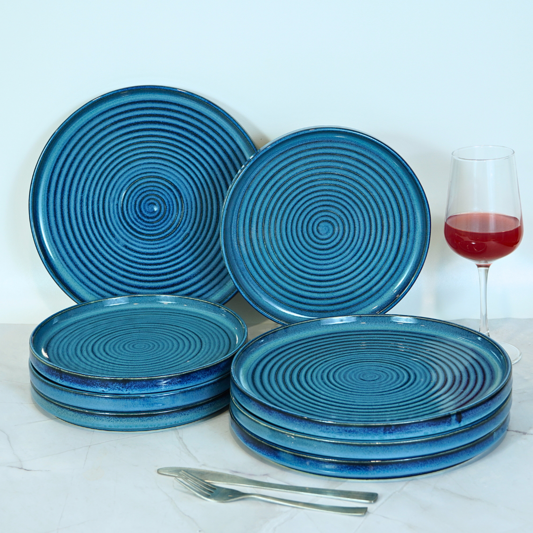 Blue Ceramic Spiral Aesthetic Dinner Set (Set of 8)