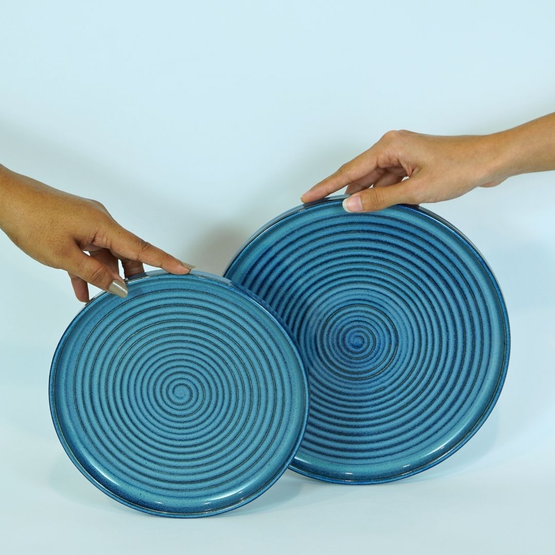 Blue Ceramic Spiral Aesthetic Dinner Set (Set of 8)