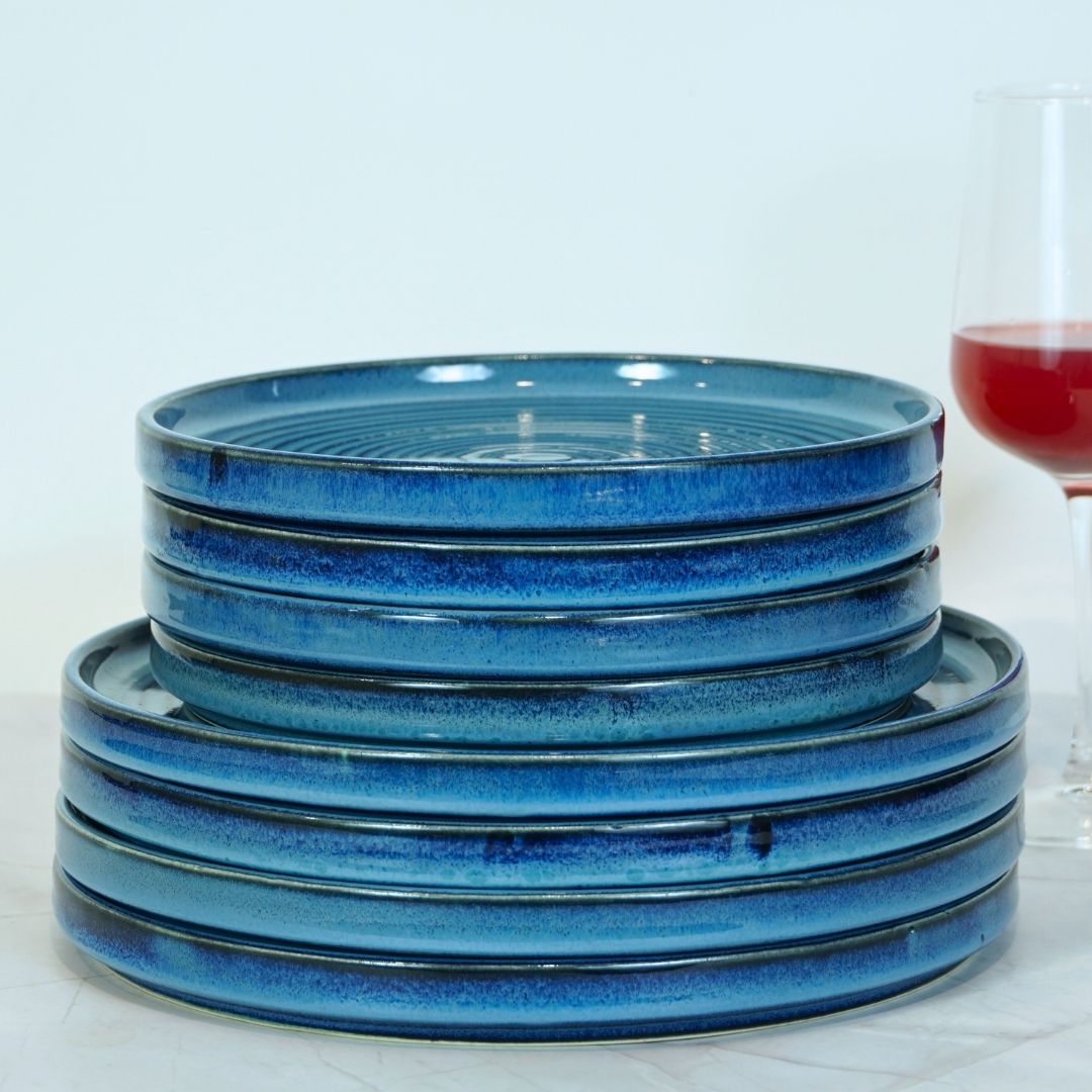 Blue Ceramic Spiral Aesthetic Dinner Set (Set of 8)