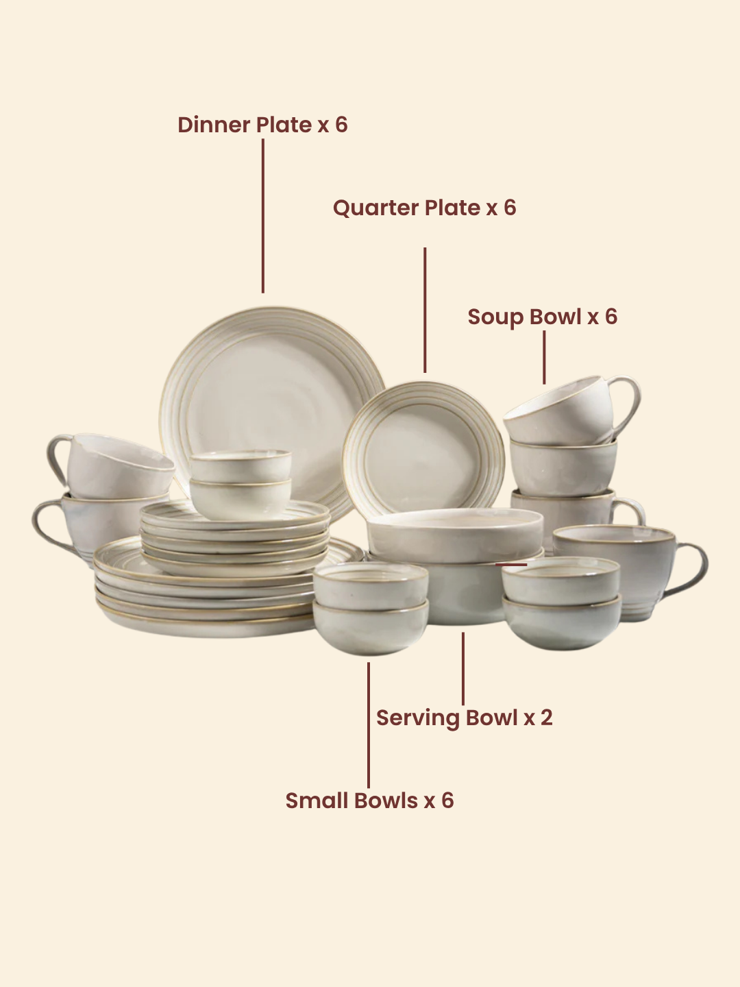 Classic Ivory Ceramic Dinner Set of 26 with Soup Bowls