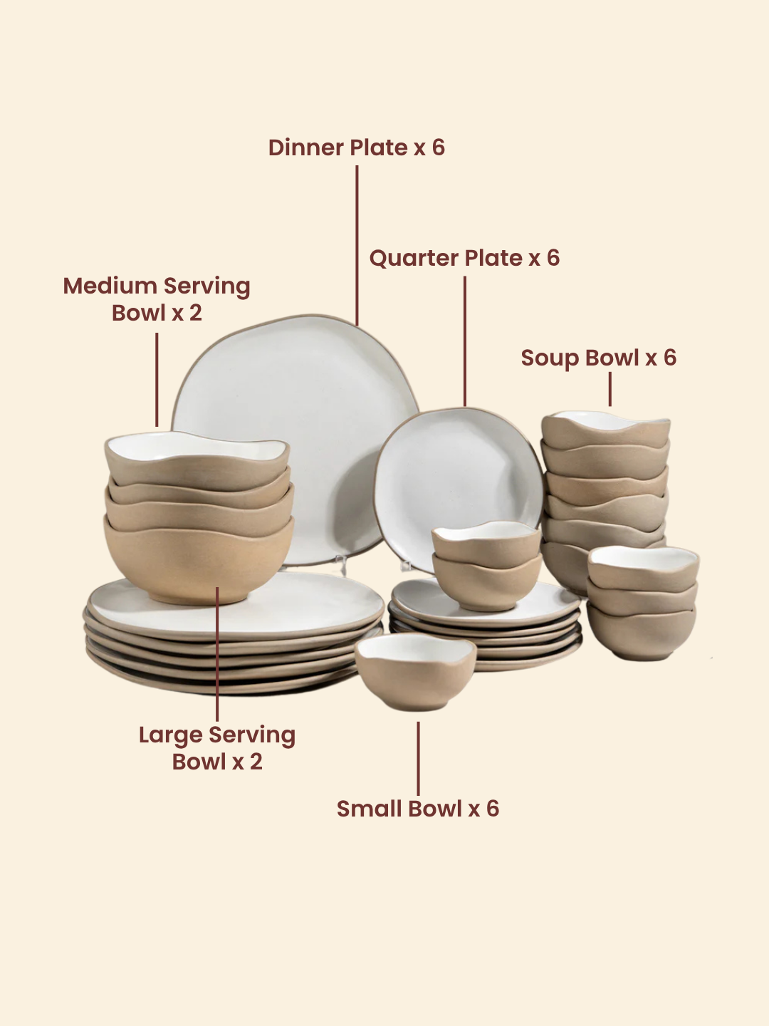 Modern Beige & White Rustic Ceramic Dinner Set of 28