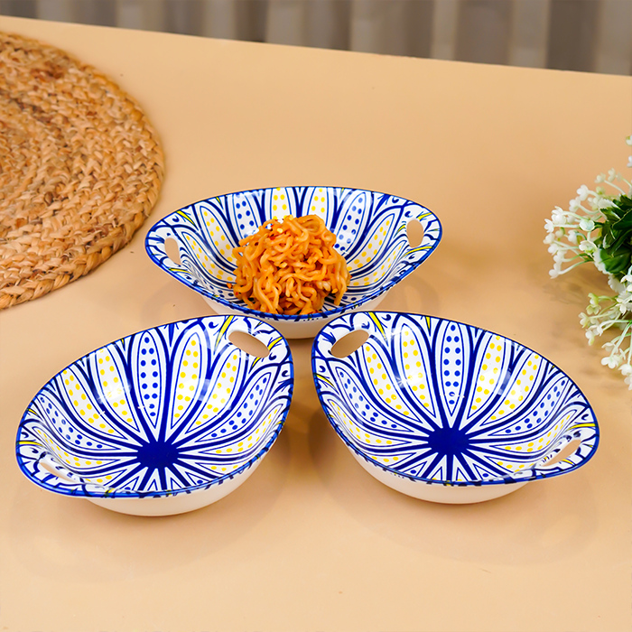 Blue & Yellow Side Handles Ceramic Bowls Set of 3