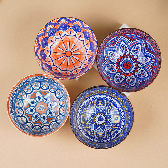 Geometric Floral Pattern Painted Ceramic Bowls Set of 4