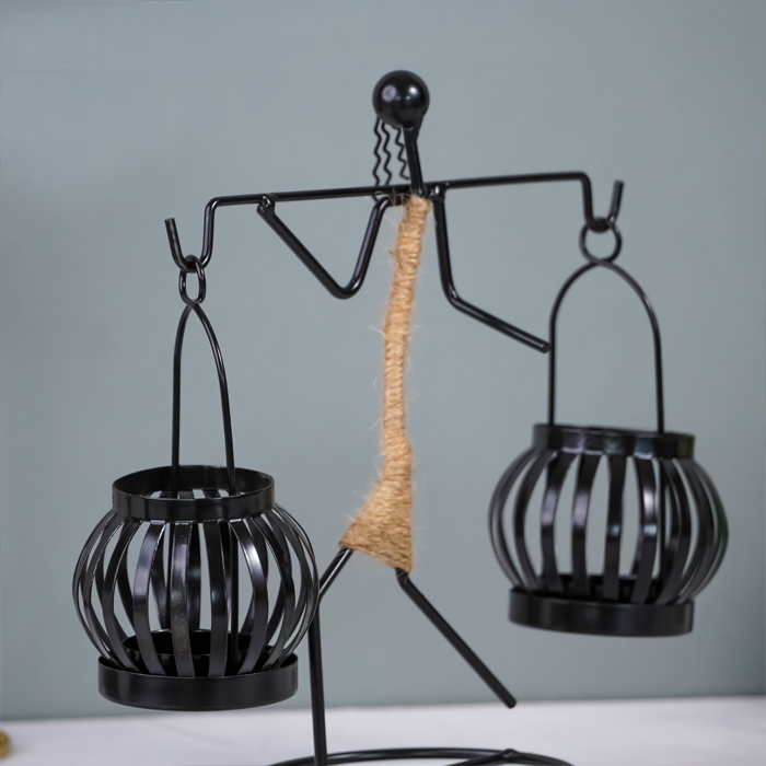 Black Metal Balance Sculpture with Rope Detail - Unique Lantern Design